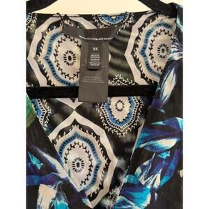 WHBM XS Blue Green Floral Ruched Dress V Neck Black Green